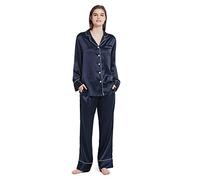 Mommesilk Pijama de seda para mujer, cómodo conjunto de dos piezas con cuello en V y muescas, ropa de dormir de seda de 19 Momme Mulberry, azul marino, XXL
