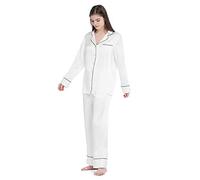 Mommesilk Pijama de seda para mujer, cómodo conjunto de dos piezas con cuello en V y muescas, ropa de dormir de seda de 19 Momme Mulberry, Marfil, XXL