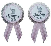 Mommy to Be & Daddy to Be Pin Elephant Silver Glitter Baby Shower Pin para los padres a usar, rosa y gris, es una niña bebé espolvorear