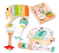 Momo Kids® Instrumentos Musicales Bebe 5 en 1 | Juguetes Montessori 2 Años Madera | Xilofono Bebe, Tambor, Maracas, Flauta, Rascador | Mesa Actividades Bebe 1 Año (Set Instrumentos Musicales Bebe)