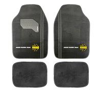 MOMO - Set de 4 Alfombrillas Universales, de Color Negro con Costuras Blancas, Antideslizantes y Reforzadas, Fabricadas en Poliéster y PVC, Logo en Blanco y Amarillo, Diseño Frase, Bordes y Franjas