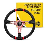 MOMO Street Volante - Ultra - Premium Race Track agarre de microfibra con rayas centrales dobles rojas y radios grabados MOMO - Parte # ULT35BK0RD