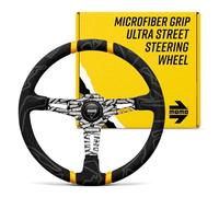 MOMO Street Volante - Ultra - Premium Race Track Microfibra Grip w/Amarillo Dual Center Stripes & Negro MOMO grabados Radios - Parte # ULT35BK0BK