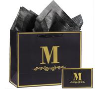 momoake Bolsa de regalo de cumpleaños del alfabeto con tarjeta y papel de seda para hombres y mujeres, bolsa de papel grande de 13 pulgadas, color negro y dorado, personalizada, para envolver regalos