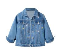 Momolaa Chaqueta vaquera para niña con flores bordadas, chaqueta vaquera con botones, abrigo vaquero de manga larga, informal, parche, chaqueta de entretiempo, azul claro, 5-6 años