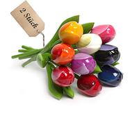 MomoMoments 2 Ramos de Tulipanes de Madera, 2X 9 Tulipanes Artificiales Pintados a Mano, 21 cm de Altura, Ramo, decoración, Regalo, Made in Holland