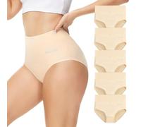 Momoshe Bragas Mujer Algodon Cintura Alta Pack de 5 Braguita de Talle Alto Culotte Cómodo Talla Ropa Interior Beige 2XL