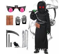 MOMOSTAR Disfraz de Muerte Niño, Traje de Grim Reaper Capa de Halloween con Guadaña, Gafas Rojas Luminosas, Guantes, Cinturón, Cadena, Accesorios de Cuervo y Death Notebook para Halloween Cosplay (XL)