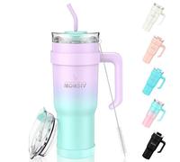 MOMSIV Taza térmica de 40 oz con pajita y asa, 1100 ml, taza de café, vaso aislado de acero inoxidable de doble pared, a prueba de fugas, para bebidas frías y calientes, color violeta-verde