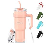 MOMSIV Vaso de 40 onzas con asa y popote, taza de café de acero inoxidable de gran capacidad de 1100ml a prueba de fugas, taza de café aislada al vacío de doble pared lavable para lavavajillas