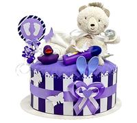 MomsStory - Regalo para pañales | Tarta de pañales neutral | Oso musical | Regalo de bebé para nacimiento, bautizo, baby shower | 1 piso (púrpura) con babero y más