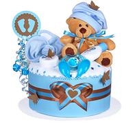 MomsStory - Tarta de pañales para niño | Oso de peluche | Regalo de bebé para nacimiento, bautizo, baby shower | 1 piso (azul marrón) con babero de peluche y más