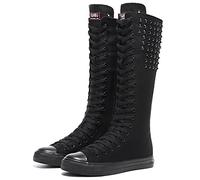 Momuk Estilo punk, tachuelas largas, botas de lona, hasta la rodilla, zapatos casuales de moda para mujeres y niñas, Negro , 36 EU