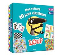 MON COFFRET 10 JEUX CLASSIQUES AVEC LOUP: De 1 à 6 joueurs ; Avec un sac en tissu ; 6 plateaux de jeux ; 2 dés en bois ; Des pions en bois ; Un jeu de 54 cartes (Grands jeux)