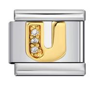 Mon & Sons A-Z - Abalorio de pulsera de acero inoxidable con eslabón de 9 mm, letra inicial del alfabeto de cristal blanco dorado, etiqueta de nombre personalizada para cumpleaños, plata italiana