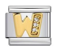 Mon & Sons A-Z Charm de Pulsera de Acero Inoxidable con Letra Inicial del Alfabeto de Cristal Blanco Dorado, Etiqueta de Nombre Personalizada para Cumpleaños, Plata Italiana, Eslabón de 9mm