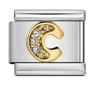 Mon & Sons A-Z Colgante con Letra Inicial de Cristal Blanco Dorado Etiqueta de Nombre del Alfabeto Personalizada de Cumpleaños Plata Italiana Pulsera de Eslabón de Acero Inoxidable de 9mm Compatible