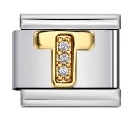Mon & Sons A-Z Colgante de Cristal Blanco Dorado con Letra Inicial Etiqueta de Nombre del Alfabeto Personalizada Cumpleaños Plata Italiana Eslabón de 9mm Pulsera de Acero Inoxidable Charm Compatible