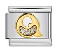 Mon & Sons A-Z - Colgante de pulsera de acero inoxidable con eslabón de 9mm, letra inicial de cristal blanco dorado, etiqueta de nombre del alfabeto personalizada para cumpleaños, plata italiana