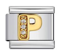 Mon & Sons Etiqueta de Nombre Inicial de Letra de A a Z en Oro con Cristal Blanco Personalizada para Cumpleaños, Abalorio de Talismán Italiano de 9 mm en Plata Compatible con Enlace de 9 mm, Pulsera
