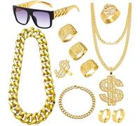 MONAZEO Kit de disfraz de hip hop de los años 80 y 90, accesorios para hombre, rapero, gafas de sol, pulsera, cadena, signo de dólar, collar, anillo, anillo kanji, decoraciones de fiesta de Halloween