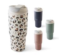 MONBENTO - Vaso Termico Travel Mug L Graphic Leopard - Botella Termica con Pajita 600 ml - Mantiene Bebidas Calientes/Frías - Taza Térmica con Tapa de Doble Apertura