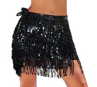 Monbessi Falda de Lentejuelas y Flecos para Danza del Vientre - Simpática para Mujeres y Niñas en Actuaciones y Festivales (Negro)