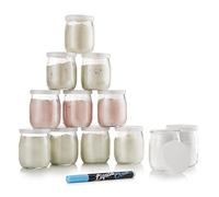 Monboco | Juego de 12 Vasos yogurtera de cristal con tapa hermética | para yogurtera y robot de cocina (thermomix, etc) | 142 ML / 125G | Un bolígrafo borrable de cortesía