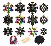 MONCAP 48pcs Snowflake Scratch Art Xmas Black Magic Rainbow Papel de rascar DIY con 12 piezas de lápiz de madera y 50 piezas de cinta para niñas niños proyecto de manualidades