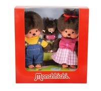 Monchhichi 254870-Original Set niña con Vestido y Lazo, niño con Peto y bebé con pañal, Peluches de 20 cm de Altura Aprox. de Felpa marrón, Multicolor, One Size (Sekiguchi 254870)