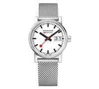 Mondaine evo2 30mm sapphire Big Date Watch with St. Steel brushed Case white Dial and mesh bracelet Strap MSE.30210.SM