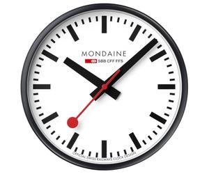 Mondaine Reloj de Pared Suizo Oficial, 25 cm, Marco de Aluminio Negro Mate, diseño Hans Hilfiker 1944, Engranaje silencioso, Cristal Mineral, protección contra el Polvo, Pieza de diseño Atemporal