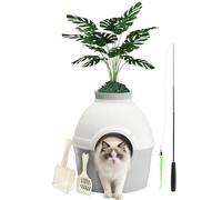 Mondeer Caja de Arena para Gatos con Planta sintética, Bandeja de Arena Oculta con Filtro de Olor, casa para Gatos para Sala de Estar, Dormitorio, Esquina, Incluye 2 cucharas y Juguete, Color Gris