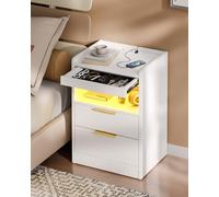 Mondeer Comodino LED con Cajón Oculto, Mueble de Noche con Estación de Carga y 3 Cajones, Mesilla de Noche con Almacenamiento para Dormitorio Salón Oficina, 60 x 37 x 35 cm (Blanco)