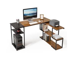 Mondeer Escritorio para computadora en Forma de L con estantes giratorios, Madera de ingeniería Metal, Marrón rústico y Negro, 135.5 x 110 x 75.5 cm