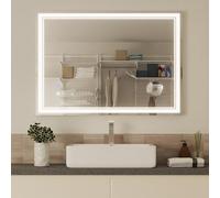 Mondeer Espejo de baño LED con iluminación, 80 × 60 cm, Espejo de Pared con Interruptor táctil, antivaho y 5 Lupa, 3 Colores de luz Regulable para baño (3000 K - 6500 K)