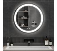 Mondeer Espejo de baño LED Redondo, 60 cm, Espejo de baño con iluminación, Interruptor táctil y antivaho, 5 lupas extraíbles, 3 Colores de luz Regulables, para baño (3000 K - 6500 K)