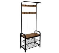 Meerveil Perchero vintage industrial, zapatero con asiento, estructura de metal con 9 ganchos extraíbles, 2 estantes de rejilla, 72 x 34 x 183 cm, color marrón retro-negro