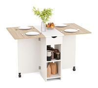 Mondeer Mesa de Comedor Plegable, Mesa de Cocina con 1 cajón y 2 estantes para 2-4 Personas, Mesa Plegable de Comedor con Ruedas para Espacios pequeños, Comedor, Cocina, 72 x 120 x 75 cm, Roble y
