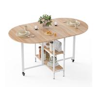 Mondeer Mesa de Comedor Plegable móvil con 2 estantes de Almacenamiento Abiertos, diseño de Bordes Redondos, Espacios pequeños, Comedor, Cocina, 140 x 80 x 75 cm, Roble y Blanco