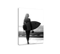 Mondi Art Store Cuadros en Blanco y Negro Junto al mar. Tabla de Surf con Dama. Cuadro en Lienzo Paisaje. Cuadro Decoración de Pared Salón 80x120cm(31.5x47.3in) Sin Marco