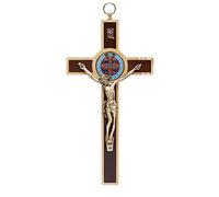 Mondo Cattolico - Crucifijo pared católico madera de olivo con medalla de San Benito esmaltada. Crucifijo de Jesús de 20 cm x 10 cm.