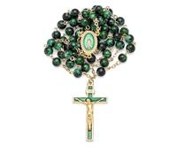 Mondo Cattolico - Rosario Católico de la Virgen Milagrosa con Vidrio Variegado en una Cadena de Latón dorada - Ideal regalos religiosos (Verde)