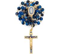 Mondo Cattolico Rosario Católico del Vaticano con Cuentas de Vidrio Jaspeado y Cadena de Latón Chapado en Oro, Medalla Virgen Milagrosa y Crucifijo Esmaltado Azul