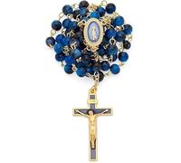 Mondo Cattolico Rosario Católico del Vaticano con Cuentas de Vidrio Jaspeado y Cadena de Latón Chapado en Oro, Medalla Virgen Milagrosa y Crucifijo Esmaltado Azul