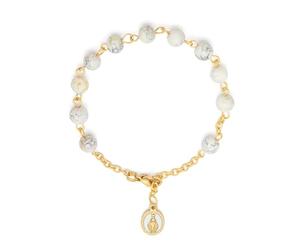 Mondo Cattolico - Rosario Pulsera Religiosa con Medalla Milagrosa Esmaltada, Perlas Blancas Variadas de 6 mm, Pulsera de Oración, Regalo Católico para Hombre y Mujer