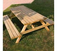 MONDO VIRO Mesa de picnic para exterior Garden de madera de conífera con asientos, 180 x 150 x 70 cm