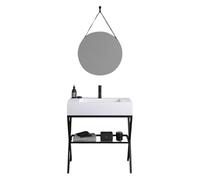 MONDO VIRO Mueble de baño de suelo de 80 cm Cancún - Estilo moderno con lavabo de resina blanca, espejo redondo con cordón de piel, estructura resistente y diseño elegante