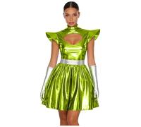 Monduelle Disfraz de extranjero para mujer, vestido con guantes, minivestido metálico, universo, astronauta, Halloween, carnaval, fiesta, verde, XXL