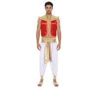 Monduelle Disfraz de príncipe árabe para hombre, chaqueta de satén, chaleco + pantalones harén, ropa árabe oriental, Halloween, carnaval, disfraz, rojo, blanco, 3XL